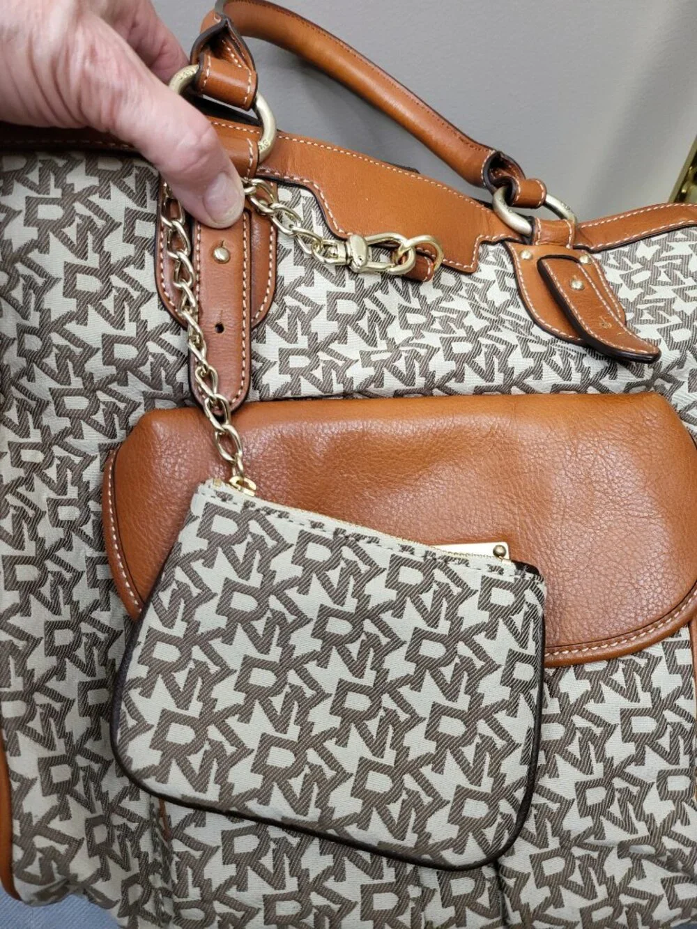 DKNY Signature Logo Jacquard Convertible Shoulder Crossbody Bag Tan Brown